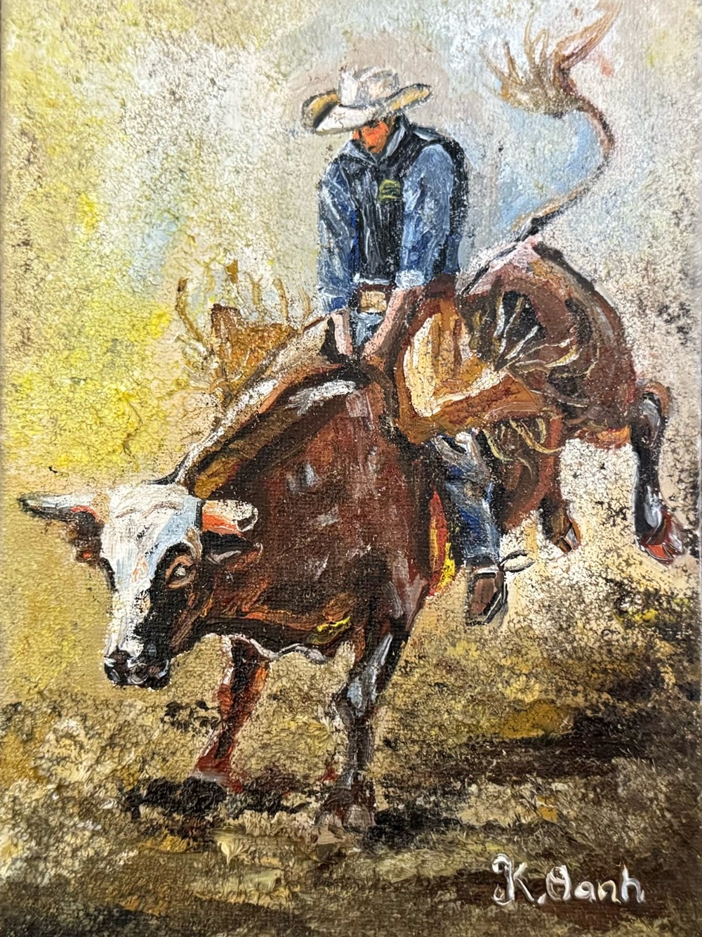 Original oil painting cowboy rodeo bull rider on canvas signed 5x7 inches